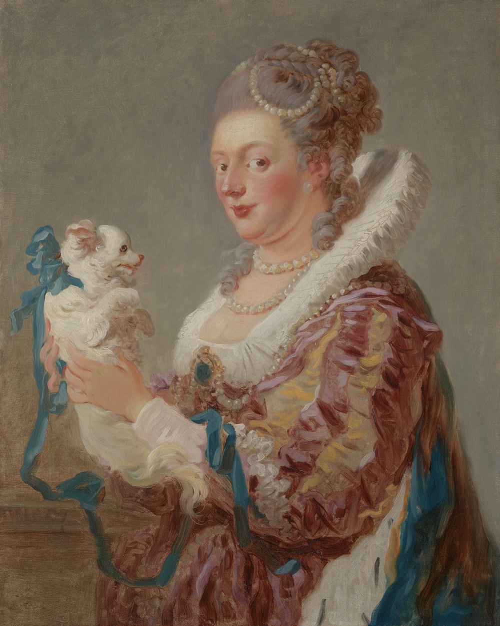 A woman in rose silk holding a small white dog — Fragonard